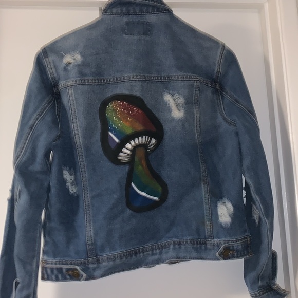 Satin doll hand painted wild mushroom rainbow butterfly Jean jacket hippie - Picture 5 of 6